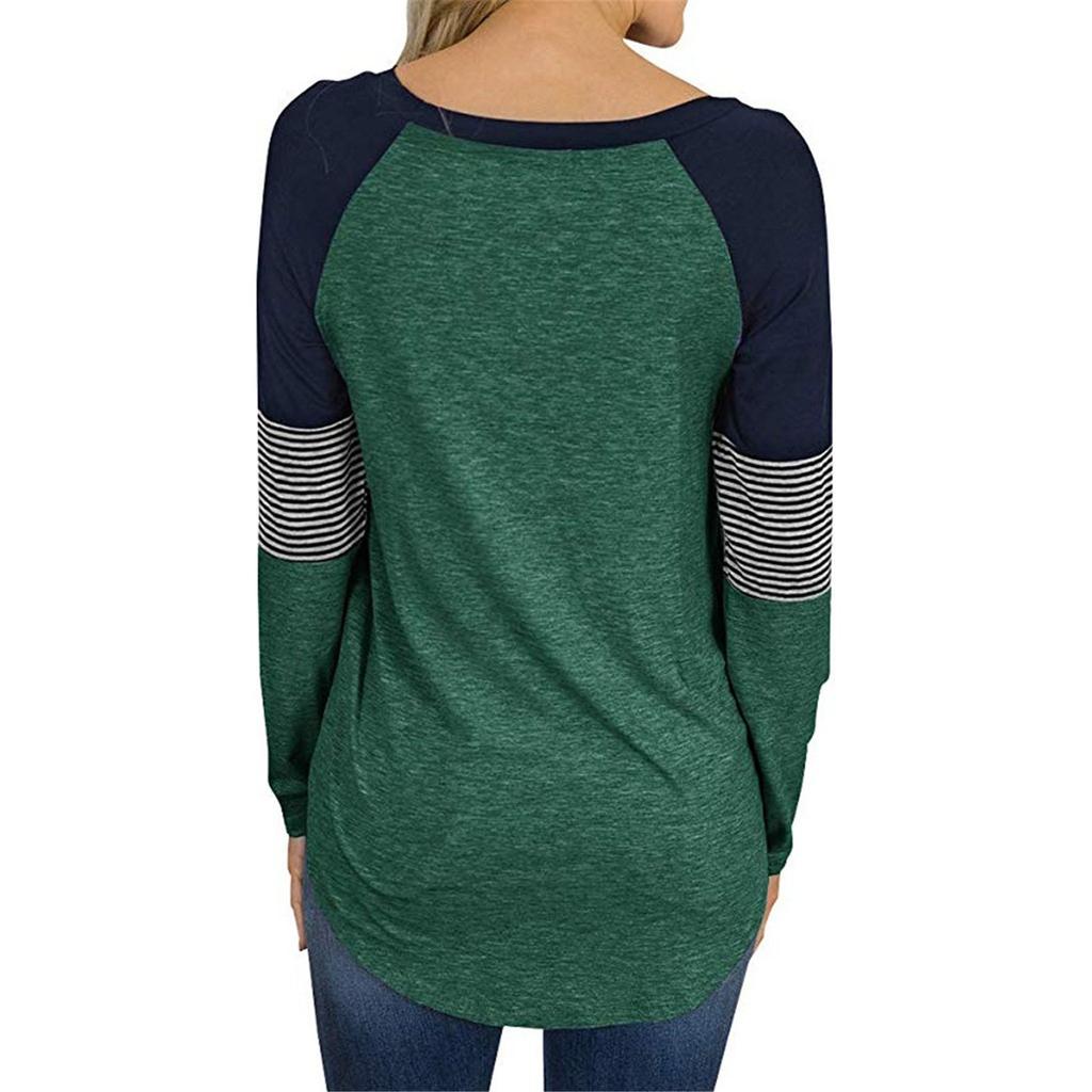 Womens Casual Long Sleeve Round Neck Splicing Stripes Color Blouses Leisure Tops