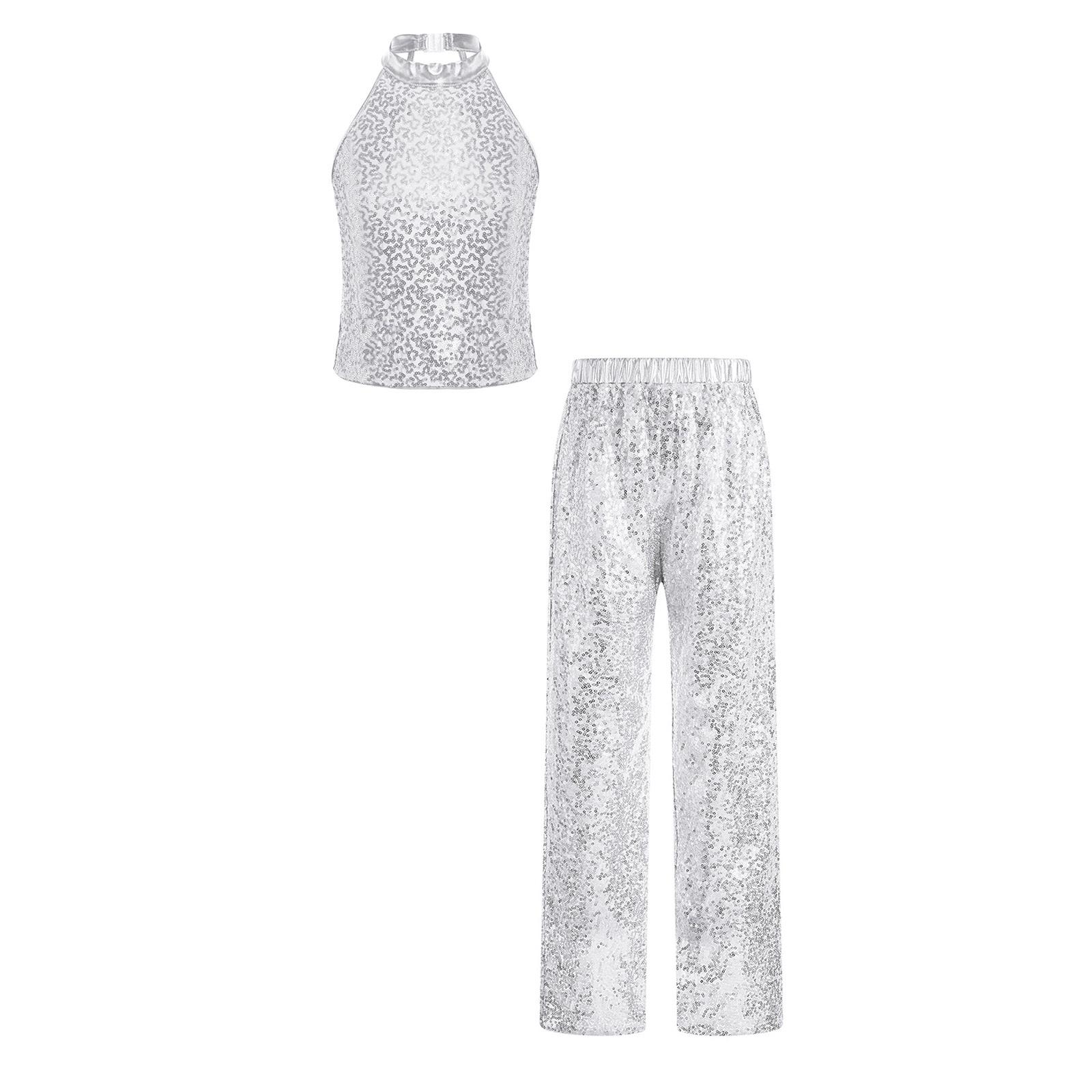 

Дитячий набір з блискітками та штанів для дівчаток, без рукавів, з відкритою спиною та дизайном халтер для черлідингу, джазових танцювальних виступів срібний