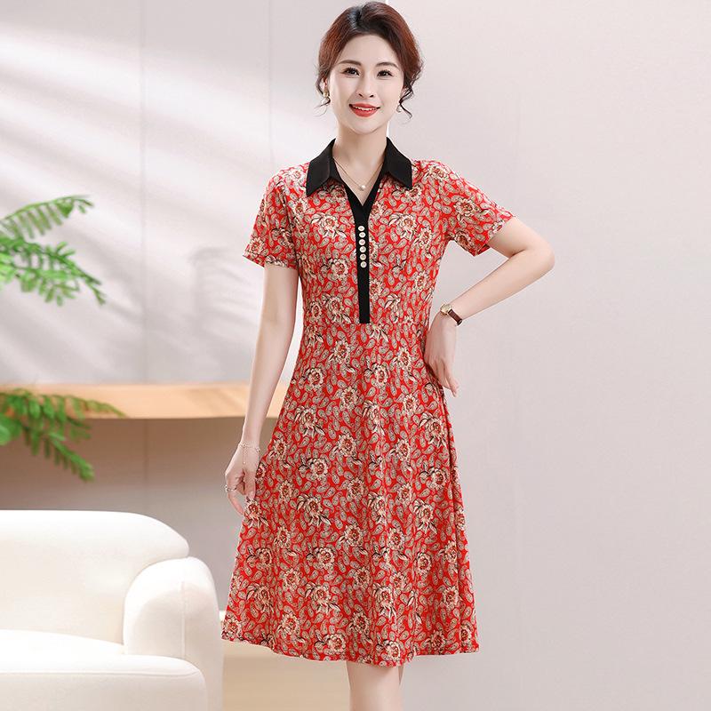 Elegant Summer Lapel Slimming Dress for Middle-aged and Elderly Women
