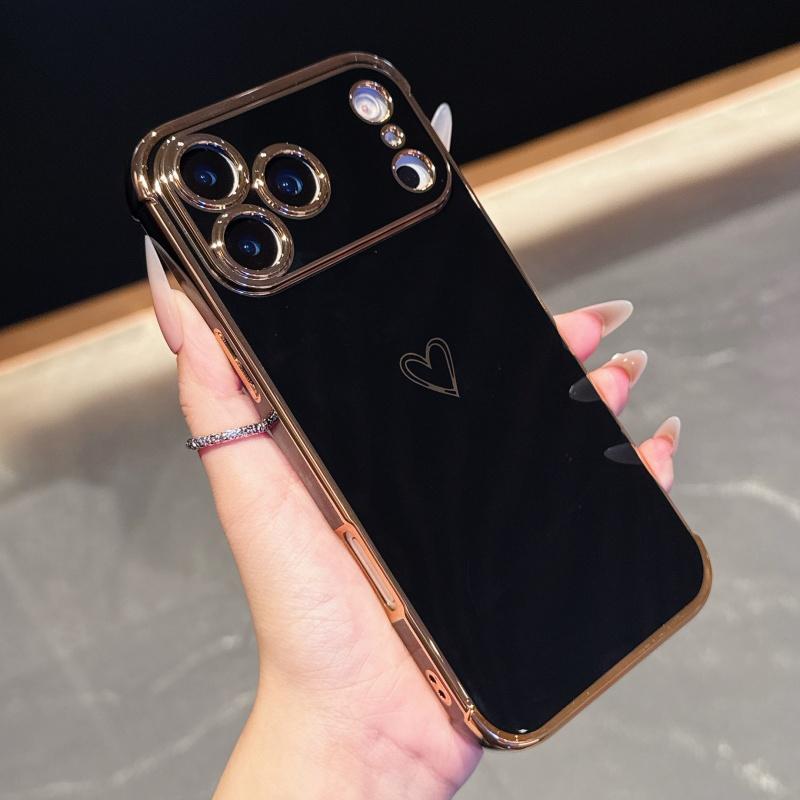 Luxury Plating Love Heart Phone Case For Apple iPhone 17 16 15 14 Plus 13 12 Mini Pro Max Air With Camera Lens Proteciton Cover