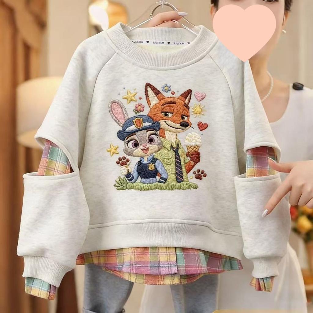 Girls Spring Autumn Two-Tone Sweatshirt with Embroidery Look for Big Kids