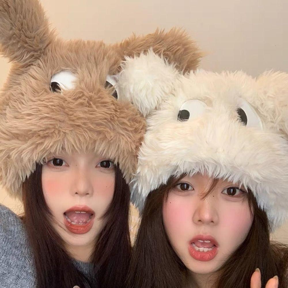 Cute Fluffy Plush Cap Big Eyes Outdoor Pullover Hats Warm Knitted Caps  Winter
