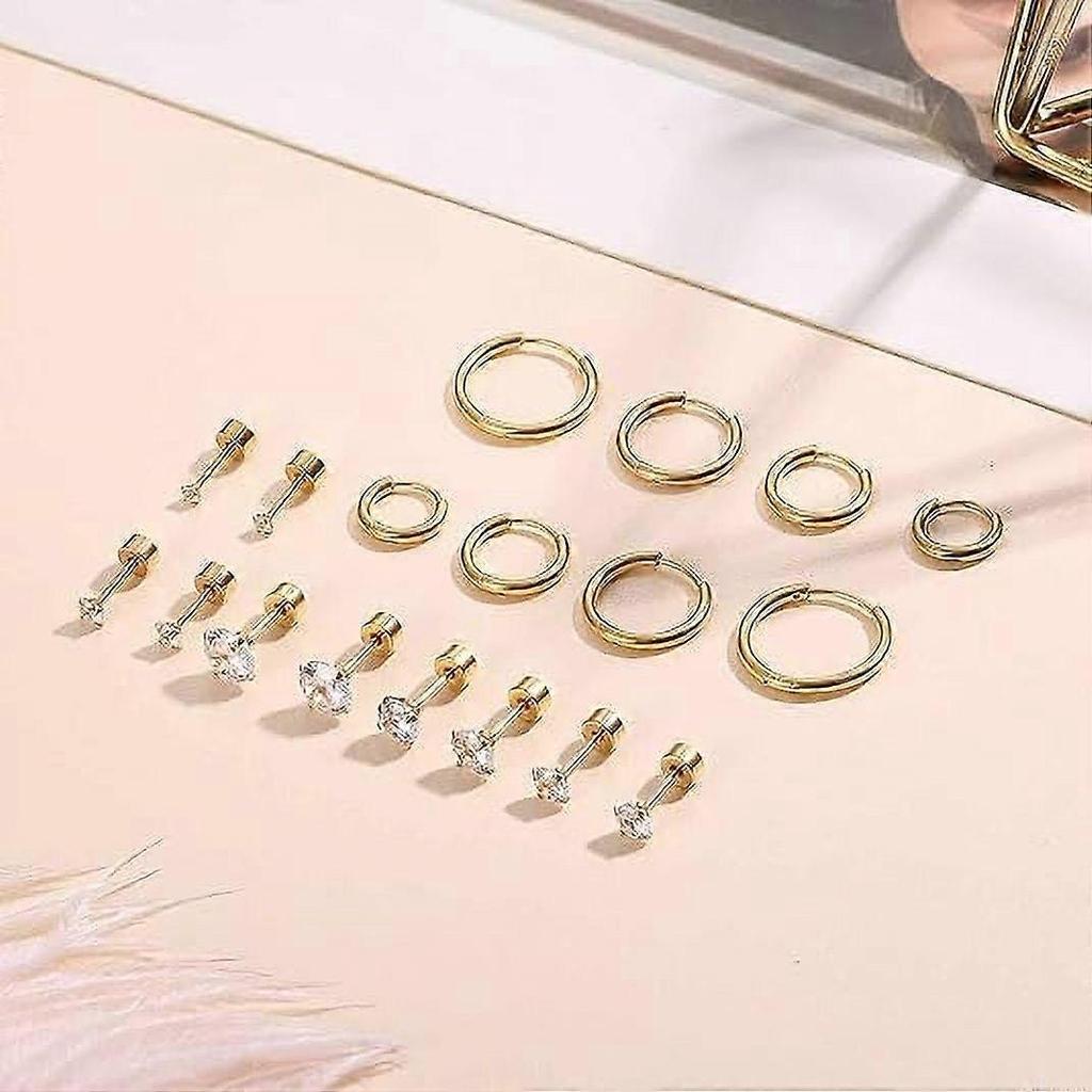 12 Pairs Mini Small Hoop Earrings Flat Back Stud Earrings 316L Stainless Steel Hoop Earrings for Women Men, Gold