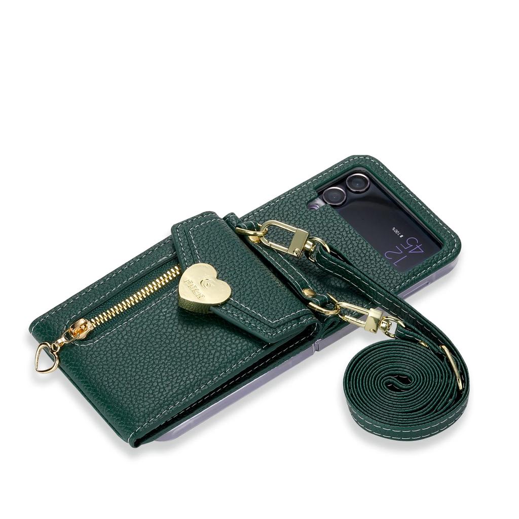 Zipper Coin Purse Crossbody Leather Bag Wallet Case for Samsung Z Flip 6FE 6 4 5 3 Neckstrap Shoulder Strap Card Holder Cover