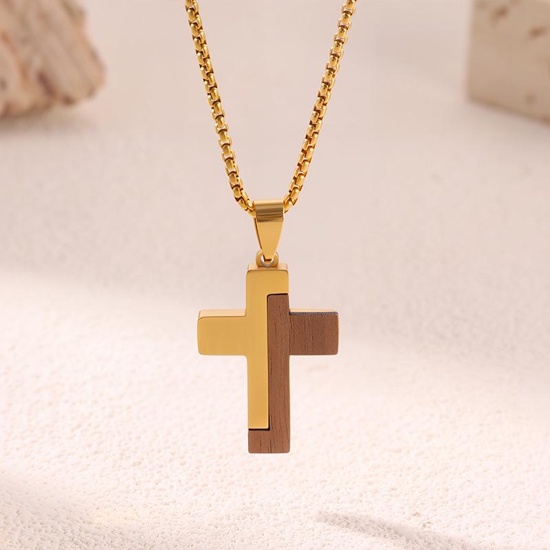 Bestselling Men's Two-Tone Wooden Cross Titanium Steel Dog Tag Necklace