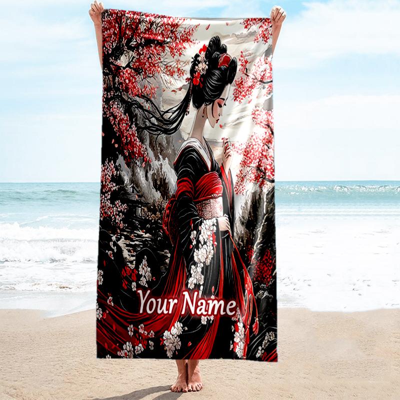 1PC Custom Name Geisha Cherry Blossoms Beach Towel Highly Absorbent And Sand-Resistant Towel for Swimming, Pool, Yoga, And Travel Lightweight