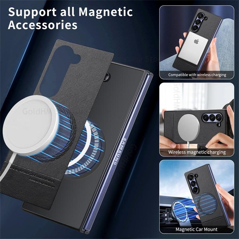 For Magsafe Magnetic Leather Phone Case For Samsung Galaxy Z Fold7 5G Wireless Charger Magsafing Hard PC Tough Cover For Samsung Z Fold 7 6 5 4 3 5G