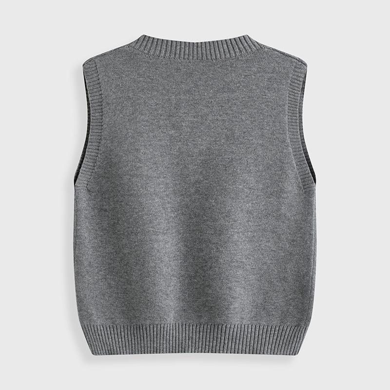 Autumn/Winter Children's Cotton Knit V-Neck Sweater Vest - College Style, Solid Color