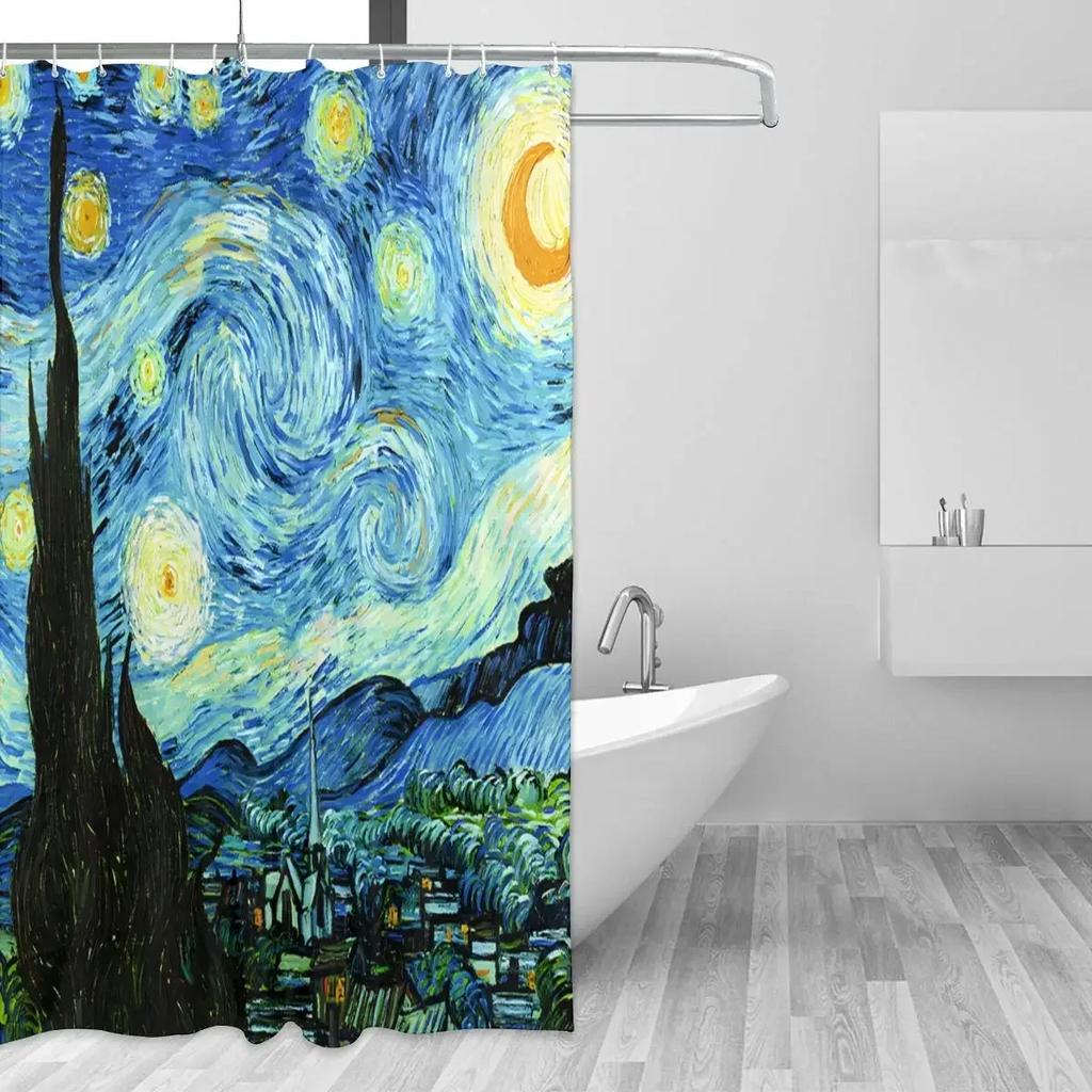 1 Pezzo Tenda da Doccia Artistica Ispirata a Van Gogh - Perfetta Per la Decorazione del Bagno - Include 12 Ganci