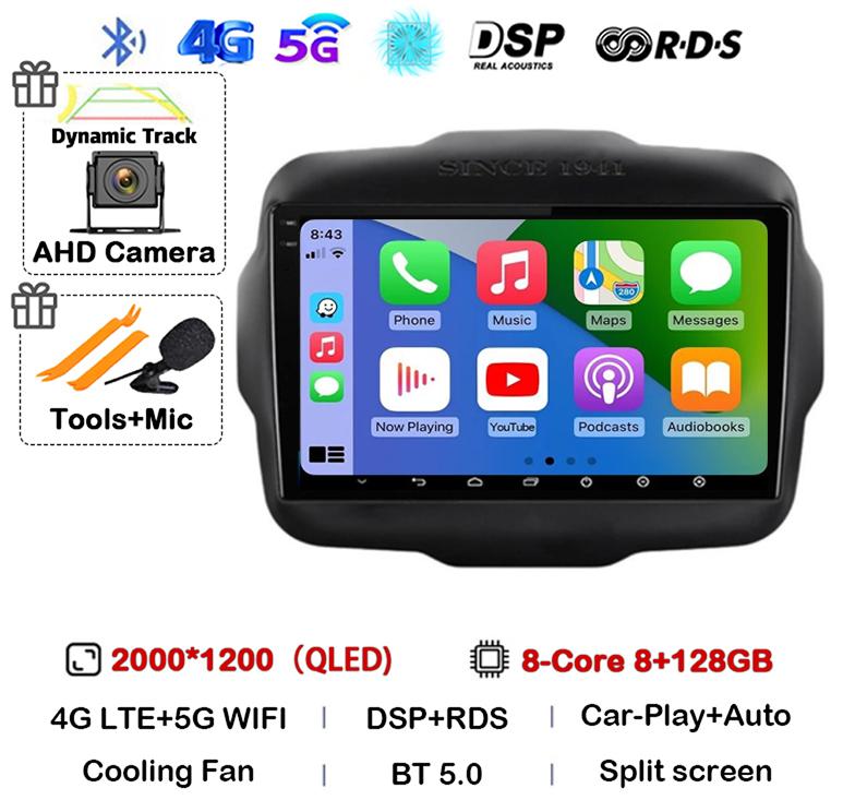 Android 14 Auto Carplay WIFI+4G LTE Car Radio For Jeep Renegade 2016 2017 2018 2019 2020 Multimedia Player GPS Stereo 360 Camera
