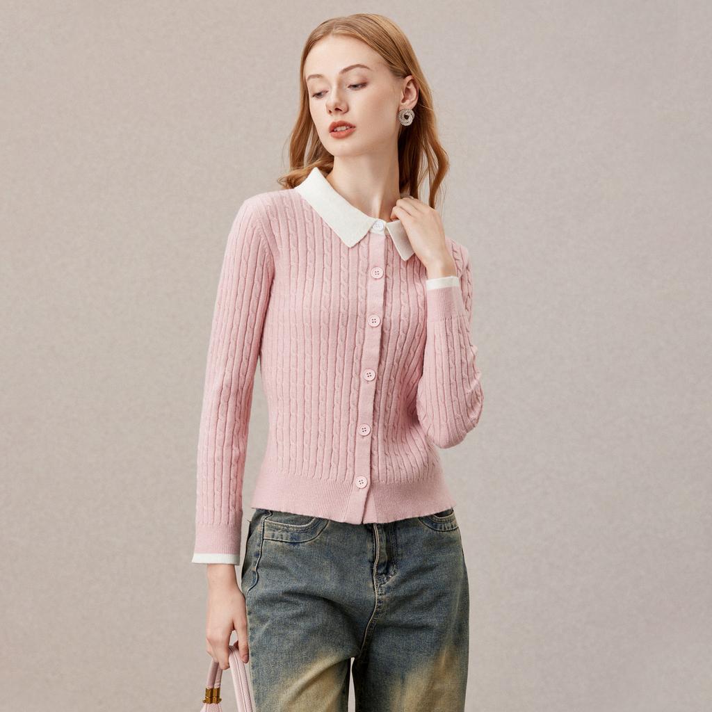 [French Lady Style Color Contrasting Sweater] Women's 25 Year Winter Edition Reduced Age Commuting Wear with Twisted Flower and Wool Cardigan