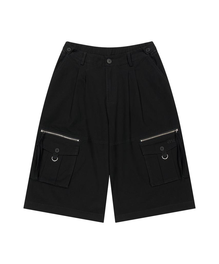 Aejeuyua Pintuck Stitch Bermuda Pants Black