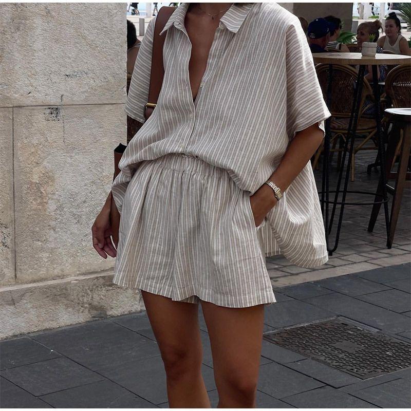 Striped Shirt Shorts Set Western Style New Fashion Loose Stripe Shirts Shorts Set