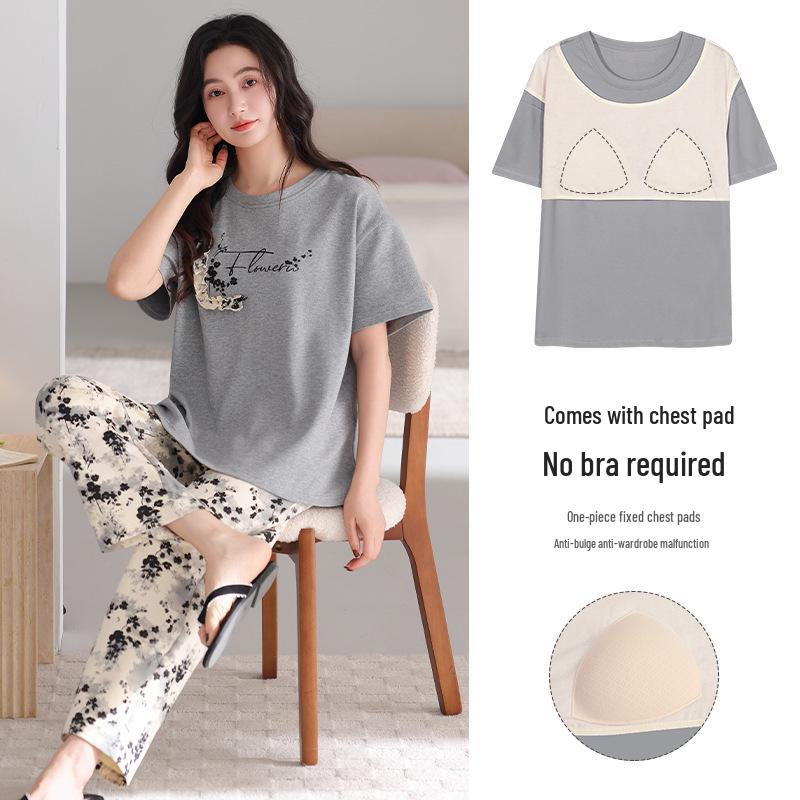 Women s Loose Pure Cotton Pajama Set: Round Neck, Short Sleeve, Seven-Point Pants for Spring & Summer, Wearable Outside. L