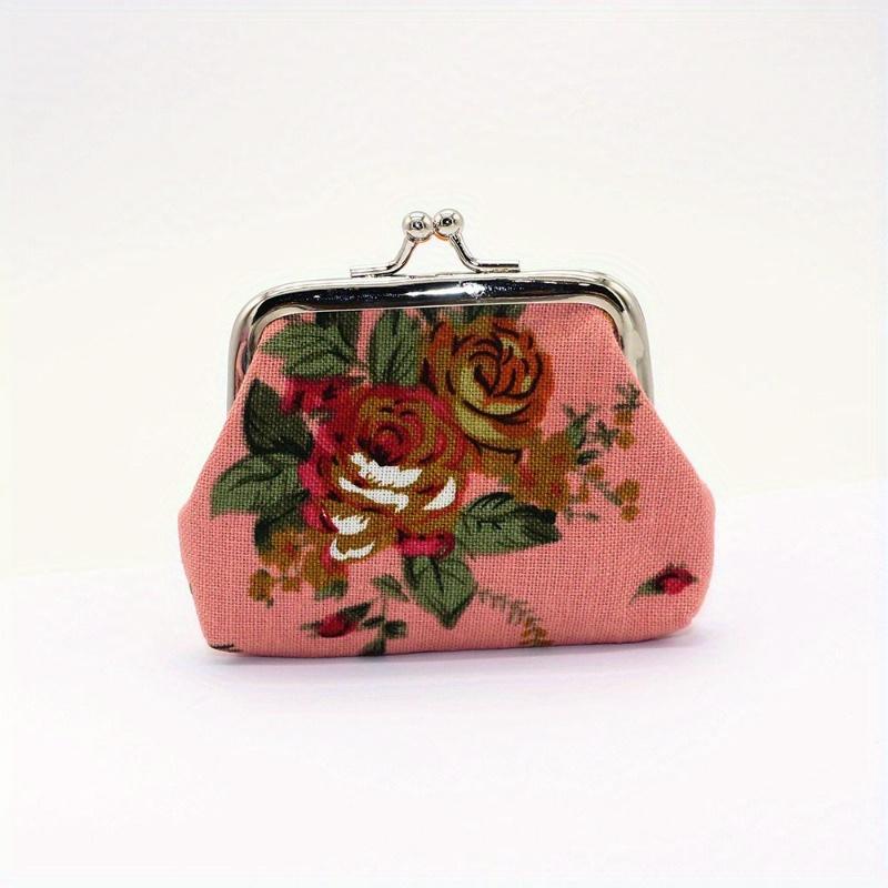 1pc Kiss Lock Coin Purse, Women's Stylish Small Canvas Floral Pattern Storage Bag Ofr Keys & Lipstick