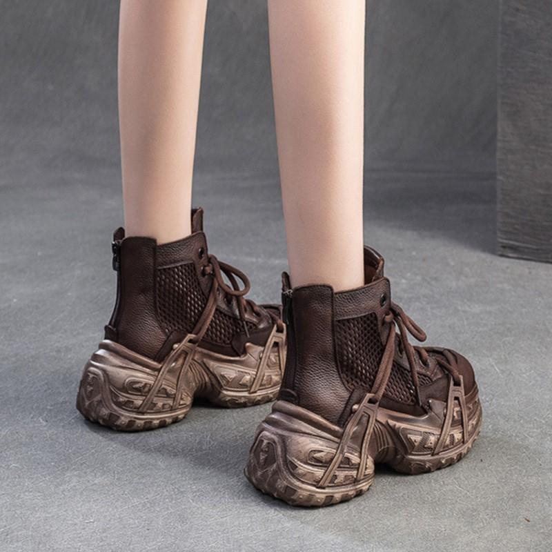 Johnature Vintage Genuine Leather Splicing Mesh Breathable Hollow-out Boots Women's Platform Shoes