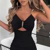 Women Chain Strap Solid Color Sexy Cut Out Thigh High Split Party Dress Elegant Bodycon Clubwear Evening Gown
