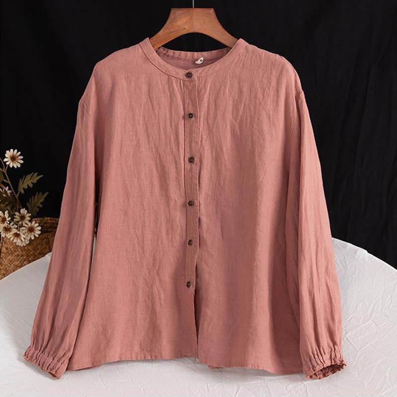 Cotton Linen Shirt Literary and Retro Style Women's Loose Round Neck Shirt Casual Thin Coat Close-up Sleeve Top Spring and Autumn