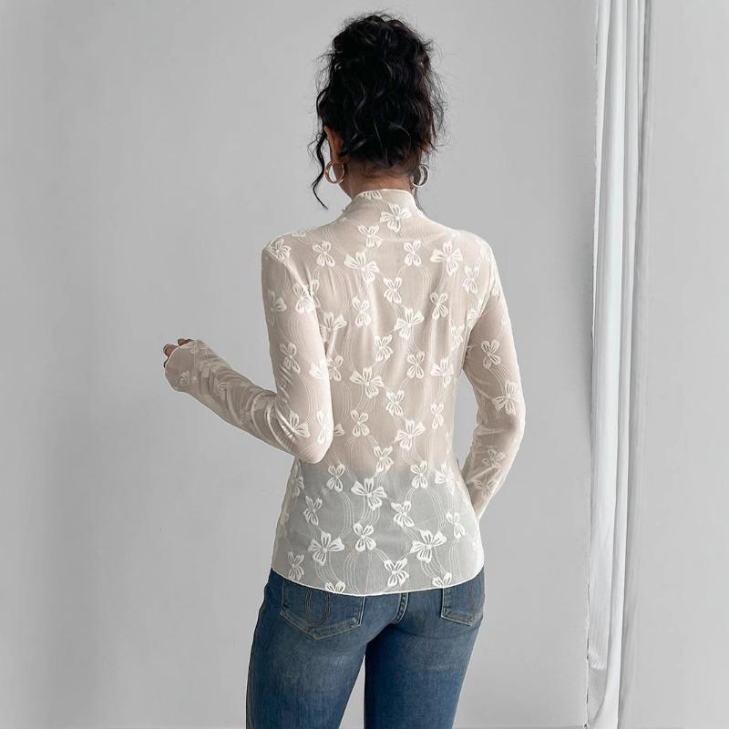 Spring Women's New Style Women's Butterfly Jacquard Mesh Slim Fit Small Stand Collar Long Sleeve T-Shirt Top
