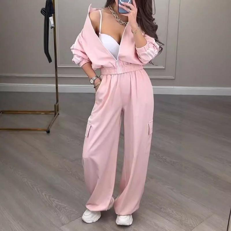 Damen Freizeit Trainingsanzug Set Langarm Gestreifte Jacke Hohe Taille Weite Beinhose Zweiteiliges Outfit