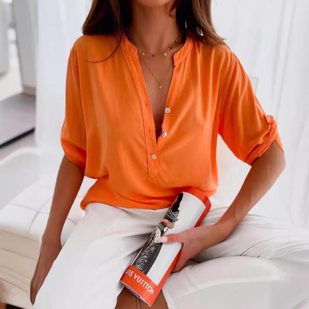 Women's Trendy Short-Sleeve Stand Collar Loose Button-Up Shirt