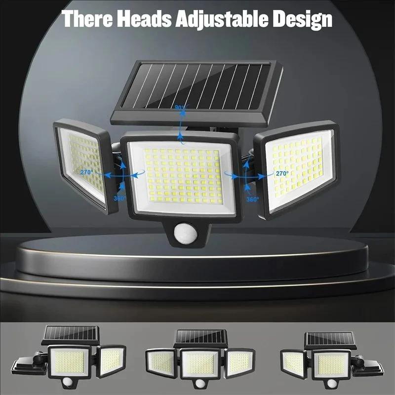 208 LED Solar Outdoor Lights 3 Heads Motion Sensor Security Lamp IP65 Waterproof Remote Control 3 Modes Flood Wall Light