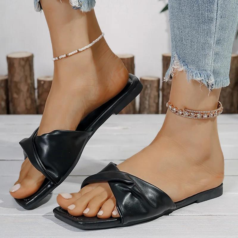 

Fashion Women Casual Shoes Fashion Pleated Pu Leather Flat Slippers Women 2025 Summer Square Toe Sandals Woman Comfy Non Slip Beach Shoe 43 чёрный