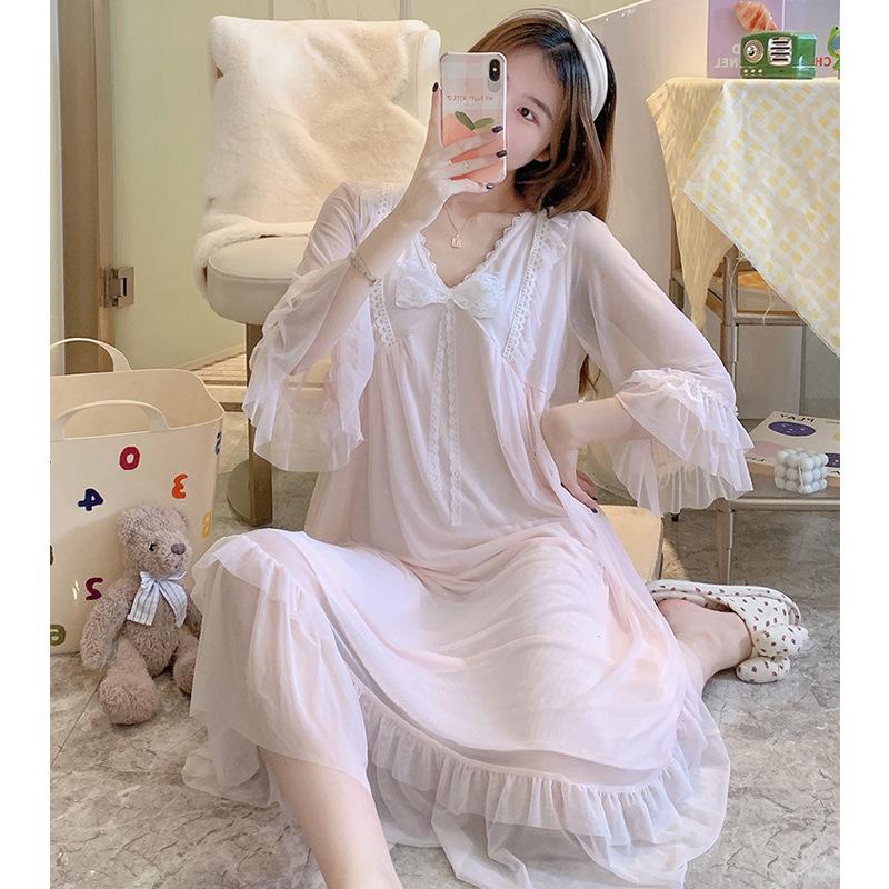 Short-Sleeved Mesh Lace Long Nightdress Summer Court Style Princess Pajamas Women'S Bow Loungewear With Chest Pad