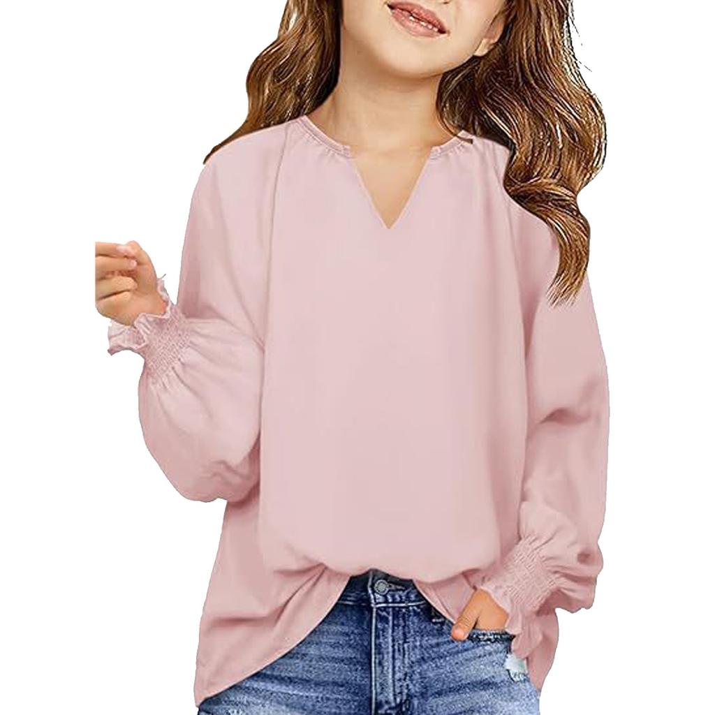Girls' Long Sleeve Tee - Solid Color Loose Fit Casual Top