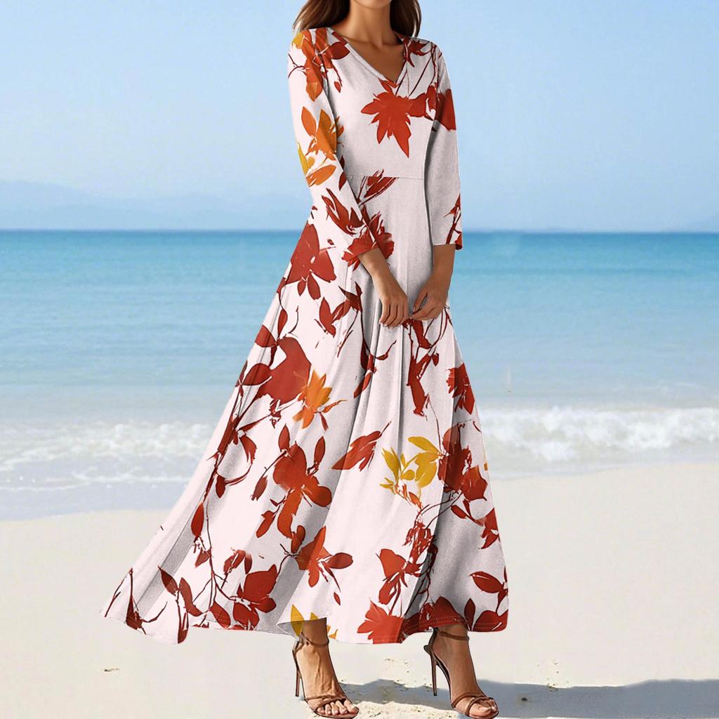 Women's Fashion V-Neck Floating Beach Dresses Seven Sleeve Floral Printed Dresses