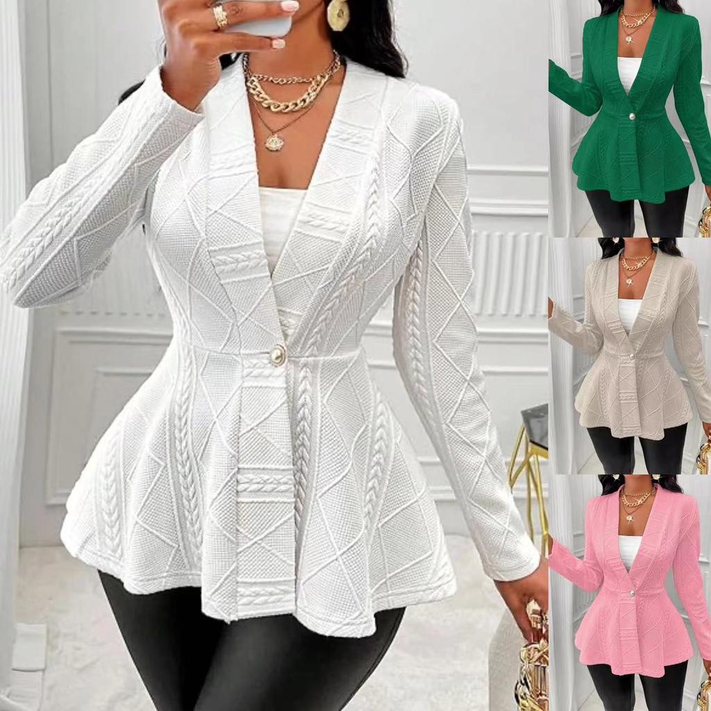 Women's Jacquard Textured Single Button Mussel Collar Long Sleeve Jacket
