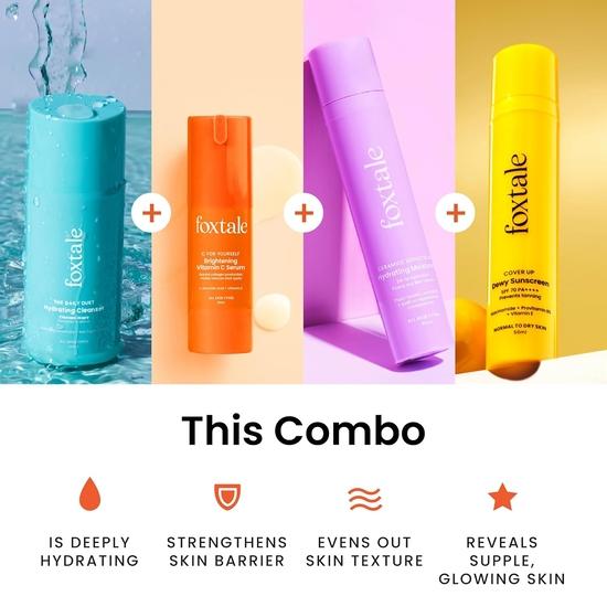 Foxtale  Cleanser Face Wash-100 ml, Vitamin C Face Serum- 30 ml, Ceramide Moisturizer-50 ml, Dewy Sunscreen SPF 70- 50 ml