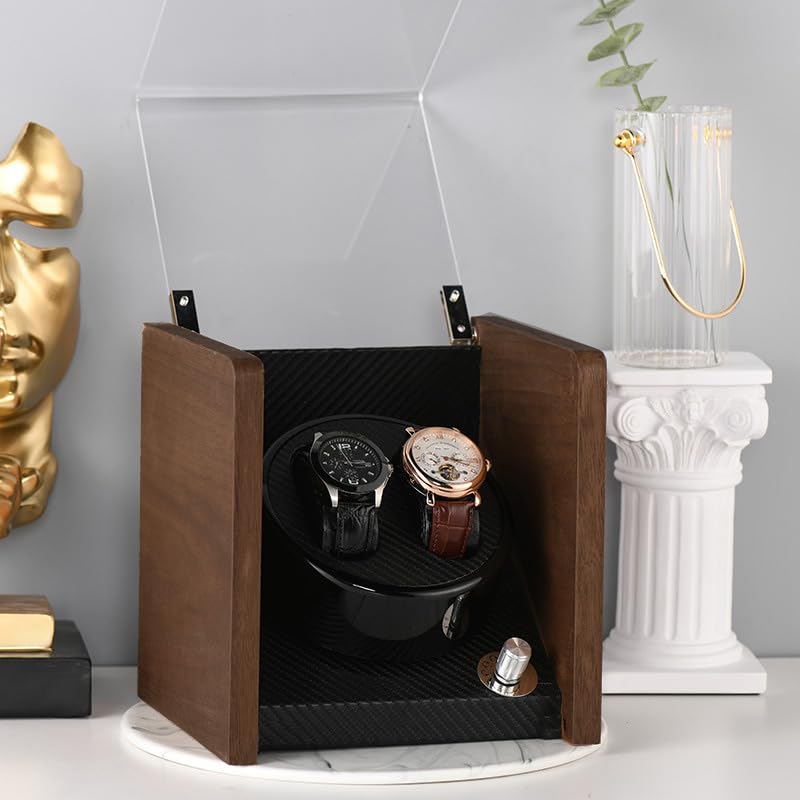 [WNJAPAN] Watch Winder for 2 Watches, Silent Operation, LED Light, Automatic Watch Winder, Interior Decor, Carbon Fiber Pattern, PU Leather, Wood