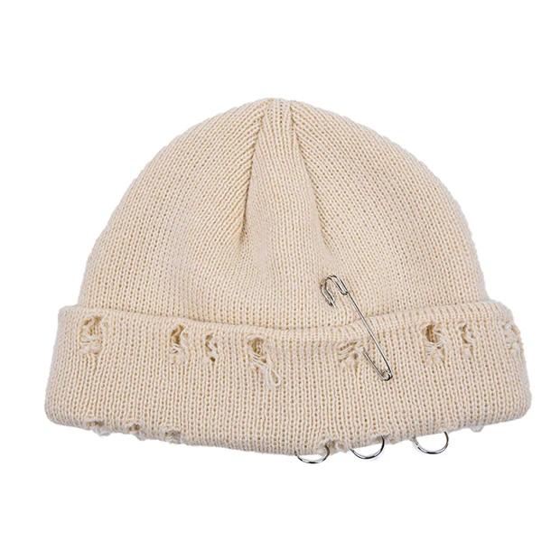 Winter Harajuku Y2K Knitted Hat Women Fashion Warm Thick Men Hip Hop Pin Hole Skullcap Short Hat Unisex Basic Cap One Size бежевый