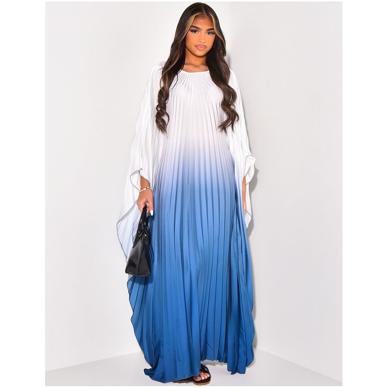Amazon European and American Middle East Batwing Sleeve Women Summer Fashion Gradient Pleat Print Long round Neck Dress Dress