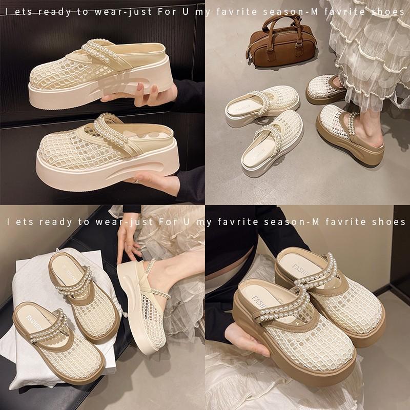 Summer Korean Version of Fashion Hole Sandals Light Thick-soled Bag Head Half Slippers Increase the Height and Breathability Hollow Mesh Shoes Steppin