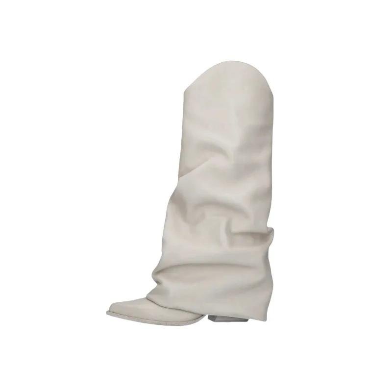 Fashion New Pointed Toe Sloping Pleated Lazy Knee High Boots Women's European American Fashion Black Beige Skirt and Boots Size 35-43