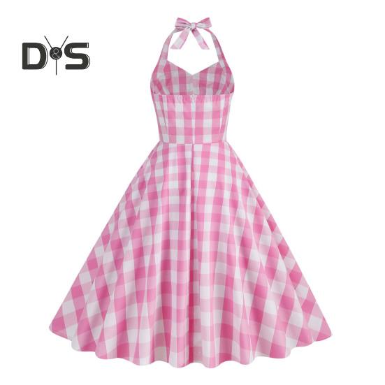 1950er Jahre Damen Rosa Kariertes Ärmelloses Kleid Schnürung Schleife Neckholder Versteckter Reißverschluss Skater Saum Cocktailparty Swing Kleid Hohe Taille A-Linie Kleid