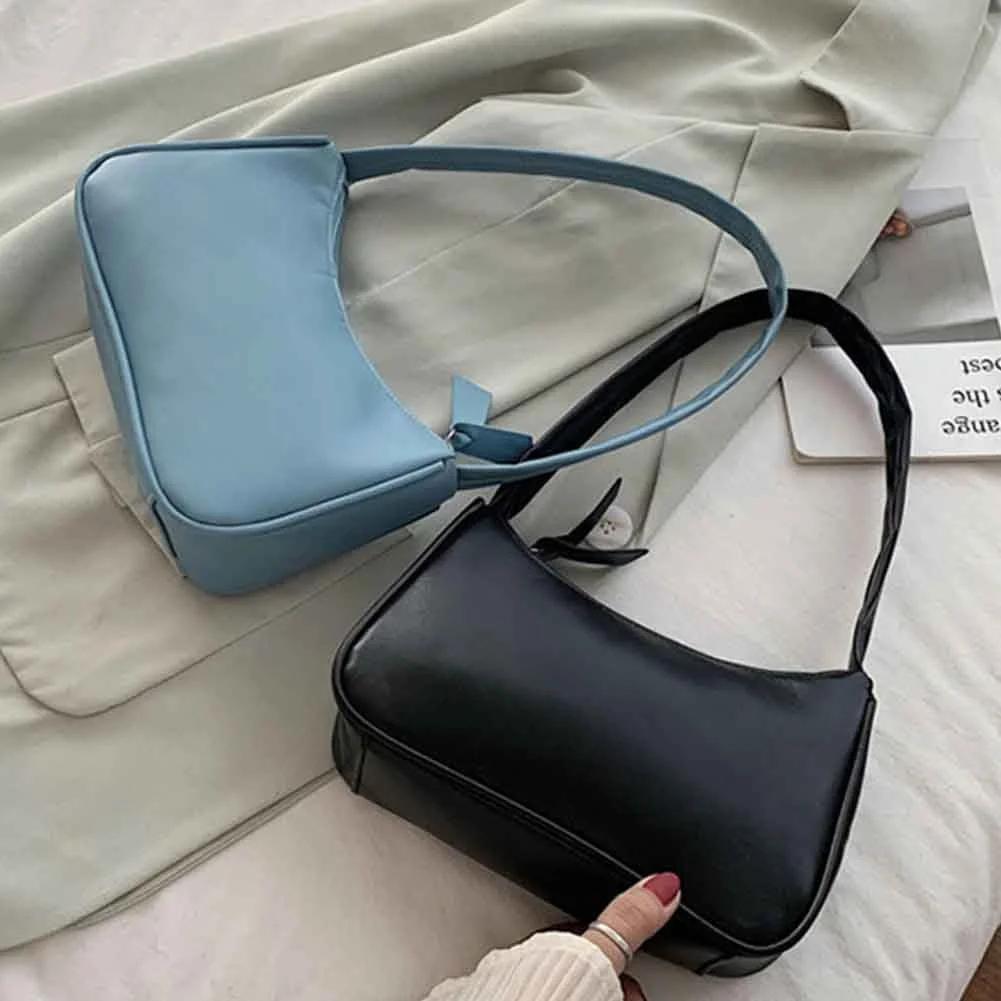 Women Travel Shoulder Bags Female PU Leather Zipper Shopping Underarm Bags Pure Color Small Purse  Purses and Handbags