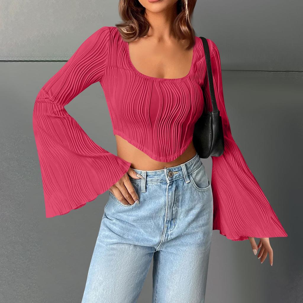 Women's U Neck Solid Color Crop Slimming Fashion Flared Long Sleeve Top Sexy Short T-shirt Top