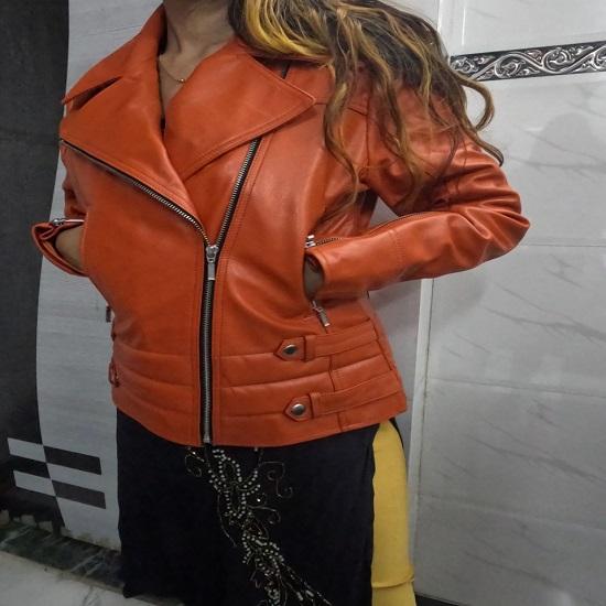 Noora Womens Lambskin Orange Leather Jacket | Stylish Motorcycle Biker Rider Jacket | Slim Fit Winter Party Jacket | Best Gift for Her