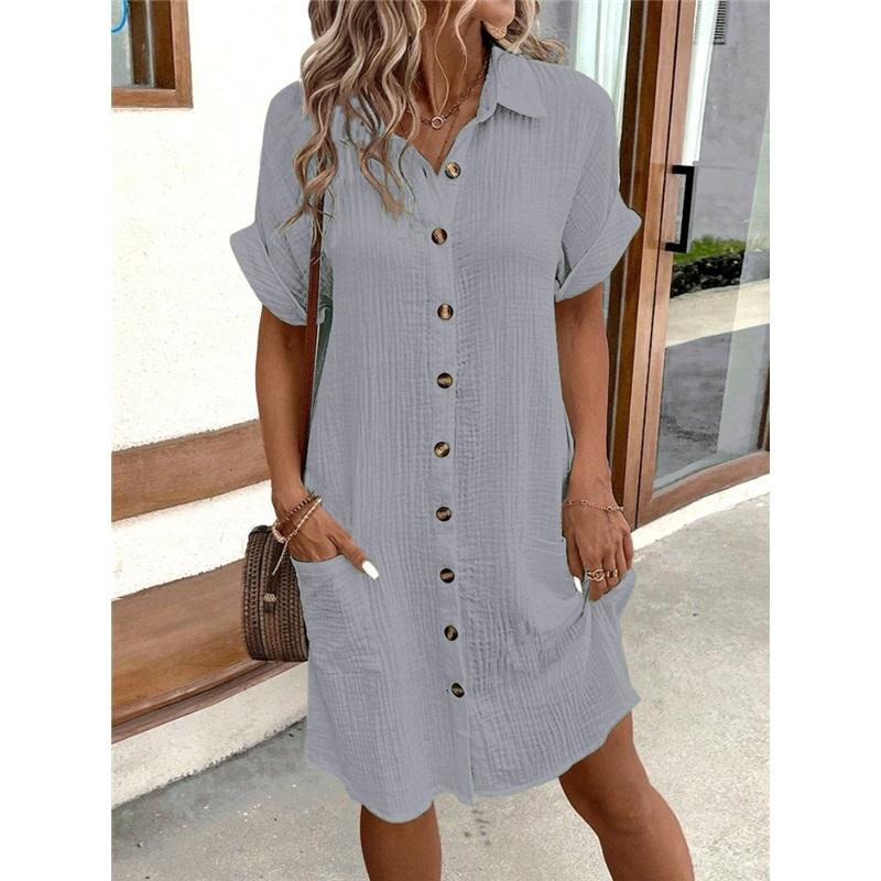 Summer Simple V Neck Button Cotton And Linen Dress Women's Loose Casual Shirt Skirt Suitable For Daily Commuting