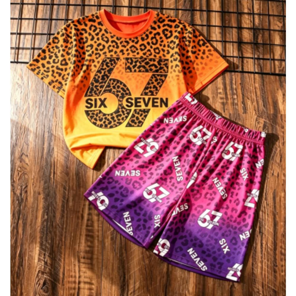Fashion Kids Set Leopard 67 Number Printed Kids T-shirt and Shorts 2 Piece Set Summer Casual Outdoor Street Boy's and Girl's T-shirt Sets