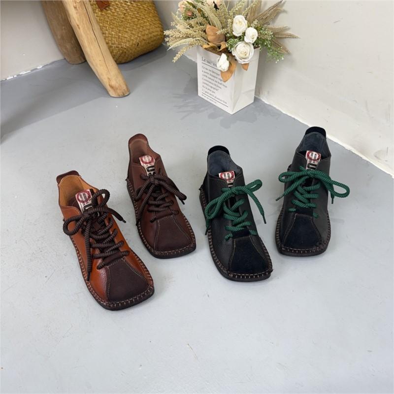 Johnature Genuine Leather Square Toe Retro Short Boots Lace Up Flat Bottom Women's Shoes