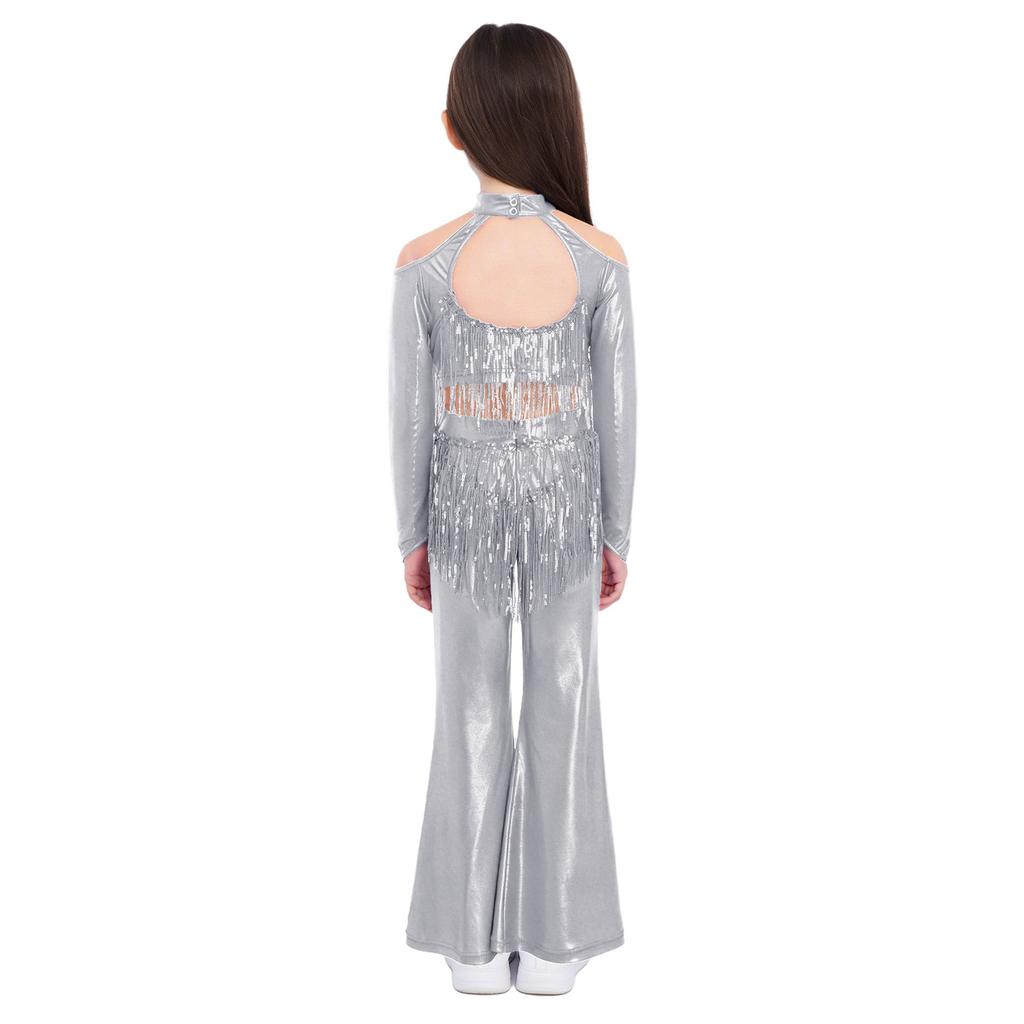 Mädchen Glitzer Pailletten Crop Top Cold Shoulder Fingerlöcher Reißverschluss Hinten Schlaghosen Bühnen-Set