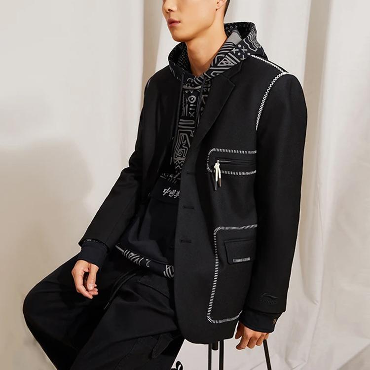 Li Ning Casual Lapel Multi-Pocket Suit Jacket Men Outerwear Black AFDR821-1
