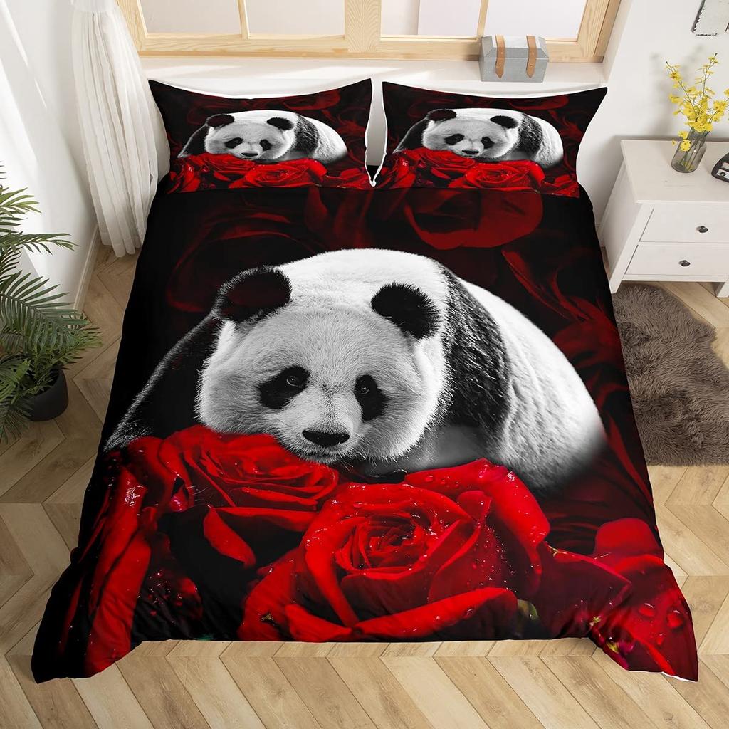 Husă de plapumă 3D Panda Mărime Queen Husă de plapumă drăguță cu panda Set de lenjerie de pat cu bambus Husă de plapumă pentru copii băieți fete adolescenți 3 piese