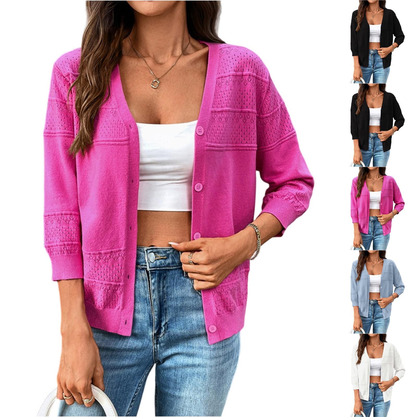 

Fashionable Women s Thin Shawl Three-quarter Sleeves Hollow Knitted V-neck Cardigan L білий