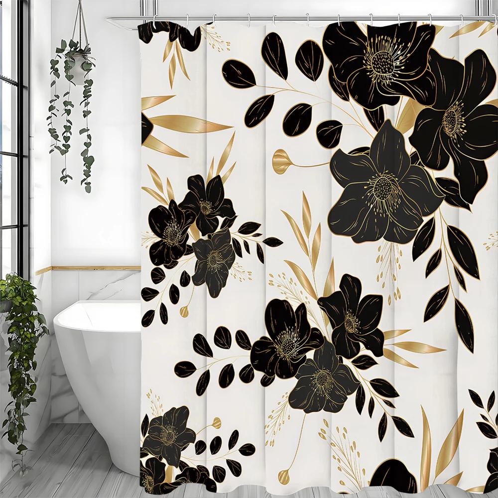 Elegant Black Gold Floral Shower Curtain: Luxurious, Nature-Inspired Bathroom Decor for Sophisticated, Glamorous Ambiance
