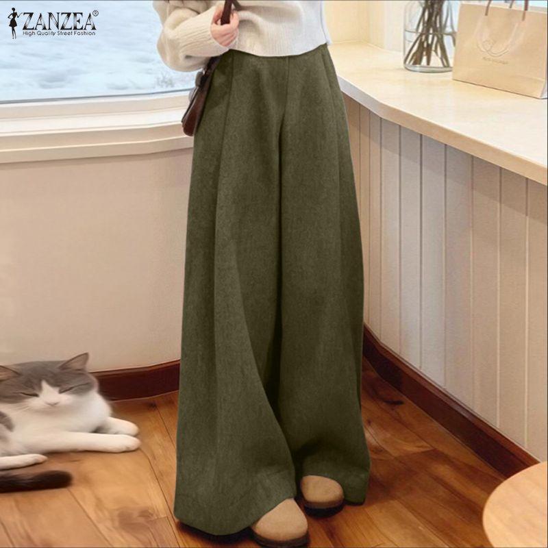 ZANZEA Damen Casual Elastische Taille Einfarbig Lose Lange Hosen